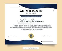 Certificate of appreciation and achievement vecto design with blue and golden colors. Certificate template with elegant corner frame and certificate of achievement certificate decoration golden badge vector