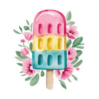 pink and turquoise watercolor graphics for summer ice cream on a stick png