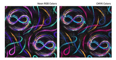 Seamless abstract pattern with infinity sign drawn with neon paint, splatter smudge paint. Two color scheme, CMYK, RGB. Grunge style. vector