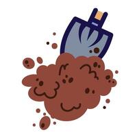 Shovel and brown soil gardening themed colorful icon illustration with outline isolated on square white background. Simple flat cartoon art styled object drawing for coloring book or web designs. vector