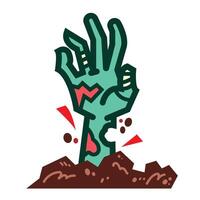 Fragile and wounded green zombie hand coming out from ground colorful icon illustration with outline isolated on square white background. Simple flat halloween monster themed cartoon styled drawing. vector