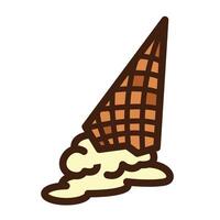 Melting fallen down vanilla flavored ice cream cone food icon illustration with outline isolated on square white background. Simple flat cartoon art styled object drawing. vector