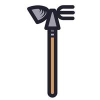 Double sided gardening tool hoe and rake or shovel and fork equipment colorful icon illustration isolated on square white background. Simple flat cartoon art styled object drawing. vector