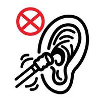 Do not clean ear hole with cotton buds or q tips icon illustration outline isolated on square white background. Simple flat cartoon art styled drawing. vector