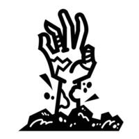 Fragile and wounded zombie hand coming out from ground icon illustration with black outline isolated on square white background. Simple flat halloween monster themed cartoon art styled drawing. vector