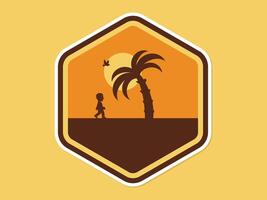 A man walking under the coconut tree during sunset time abstract retro sticker vector