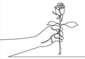 Hand holding a rose flower. continuous line. vector