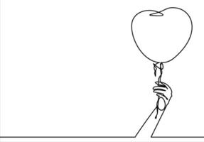 man holding in hand a balloons on a ribbon. continuous line. vector
