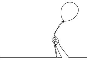 man holding in hand a balloons on a ribbon. continuous line. vector