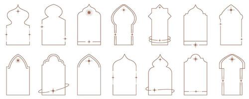 Aesthetic frame shape. Outline minimal graphic elements with stars. Abstract boho arches with sparkles. Trendy ramadan islamic templates set for poster and story. vector