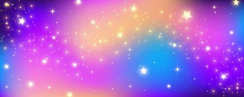 Unicorn wavy fluid sky with stars. Gradient blurred background with sparkles. Pink and blue holographic fantasy wallpaper vector