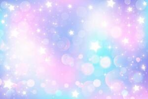 Rainbow gradient sky background. Unicorn space with glitter and stars. Holographic mermaid magic texture with bokeh. vector