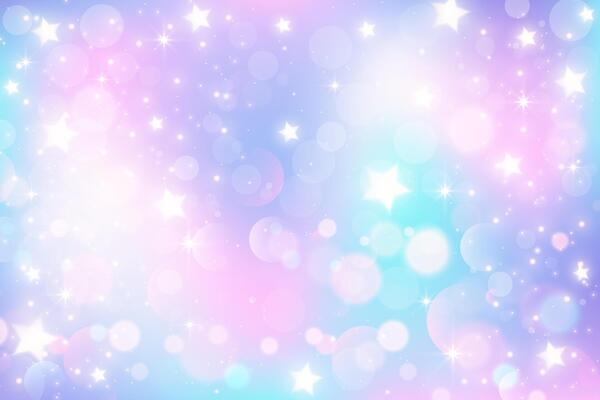 Rainbow gradient sky background. Unicorn space with glitter and stars. Holographic mermaid magic texture with bokeh.