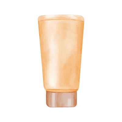 Plastic glossy tube with cup for cream, lotion, gel or shampoo. Moisturizer hand cream. Cosmetic care, treatment. Watercolor illustration. Package for beauty product. For label, package, design