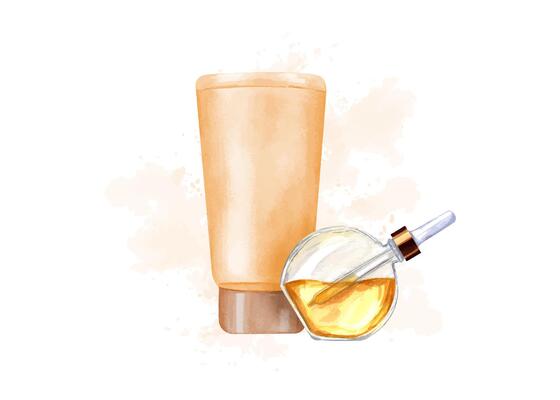 Glass Vial with cosmetic oil and Plastic glossy tube for cream. Yellow transparent liquid in bottle with pipette. Cosmetic care, treatment. Watercolor illustration for label, package, design