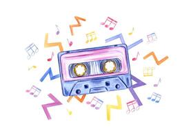 Retro cassette tape is depicted, surrounded by vibrant music notes and symbols. Watercolor illustration. For vintage music themed projects. Nostalgic journey through the memories of the past vector