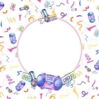 Boombox player, audio cassette, headphones among multicolored scribble. Square frame. Round empty space for text. Audio accessories for listening to music. 90s nostalgia style. Watercolor illustration vector