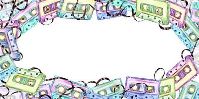 Vintage cassette tapes with tangled tapes. Horizontal frame of Multicolored audiocassettes. Watercolor illustration. For album covers, party invites, adding classic flair to projects vector