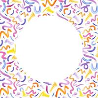 Line doodle. Native abstract multicolored brush strokes. Simple shapes. Curls design, squiggle in 90s style. Square frame with round space for text. Kid scribble. Watercolor illustration vector