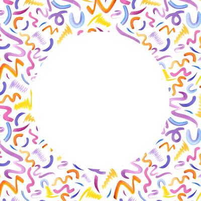 Line doodle. Native abstract multicolored brush strokes. Simple shapes. Curls design, squiggle in 90s style. Square frame with round space for text. Kid scribble. Watercolor illustration