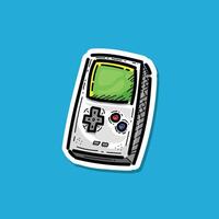 Old retro game handheld design illustration isolated in a blue background. Portable retro game console. 90's Handheld game console. Old Gameboy Console Cartoon Illustration. Gaming vector