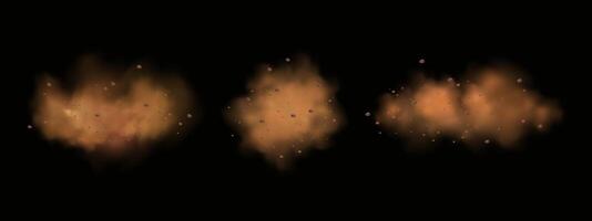 background of a sand explosion with dirt and cloud smoke. Brown sandstorm splash and dirty ground with a textured wind effect.Yellow flying particles and stone. vector
