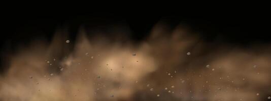 background of a sand explosion with dirt and cloud smoke. Brown sandstorm splash and dirty ground with a textured wind effect.Yellow flying particles and stone. vector