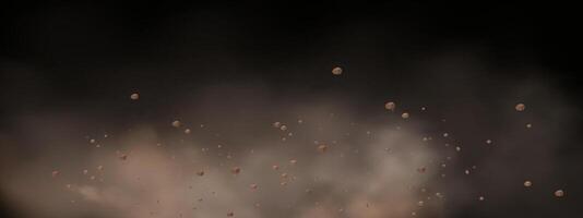 background of a sand explosion with dirt and cloud smoke. Brown sandstorm splash and dirty ground with a textured wind effect.Yellow flying particles and stone. vector