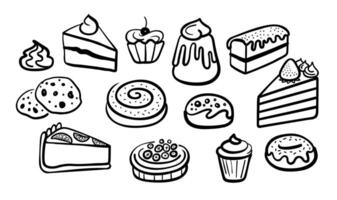 Desserts line sketches set. Black line hand drawn illustrations isolated on white background. vector