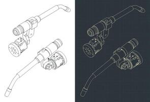 Welding torch for welding robot isometric blueprints vector