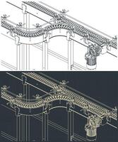 Flex link conveyor isometric blueprints vector