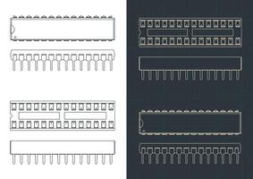 Microcontroller and DIP socket blueprints vector