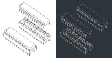 Microcontroller and DIP socket isometric blueprints vector