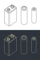 Isometric drawings of different batteries vector