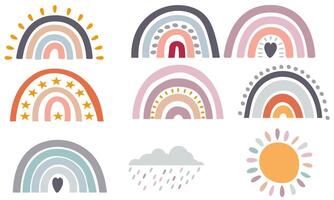 Boho style weather graphics with rainbows, raincloud and the sun isolated on a white background vector