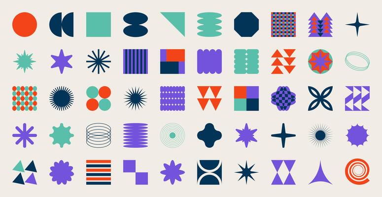 Brutalist abstract geometric, cartoon elements collection, 1990 aesthetics. Swiss design aesthetic. Bauhaus design. Y2K poster