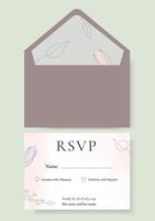 Refined envelop with RSVP. Template of invitation with RSVP. Illustration of envelop. For an invitation, celebration or wedding with leaf and floral style, Watercolor, with gold glitter vector