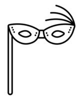 Simple masquerade mask with a stick and feathers, black line icon, editable stroke, pixel perfect illustration vector