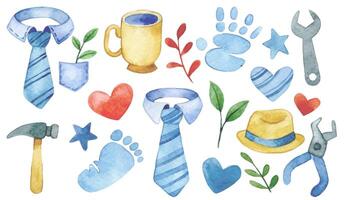 watercolor drawing, set of cute elements for father's day. vector