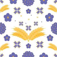 Seamless pattern in Ukrainian style, color repeat background. Blue flowers forget me not, embroidery and ears of wheat vector