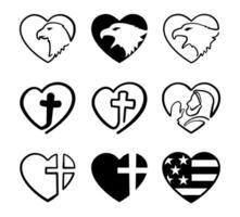 A set of 9 patriotism and religion-themed heart icons that feature eagle, cross, US flag and single-line Jesus designs vector