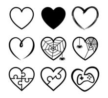 A set of 9 playful heart-shaped icons in different styles. It features puzzle pieces, brush strokes and a gamer-themed design. vector