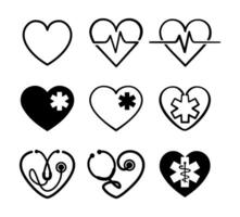 A set of 9 health-related heart-shaped icons that feature stethoscope, pulse and emergency worker designs. vector