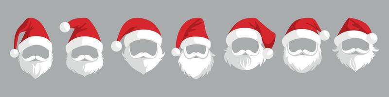 Set of Santa Claus hats. Red Santa hats with beard and mustache. vector