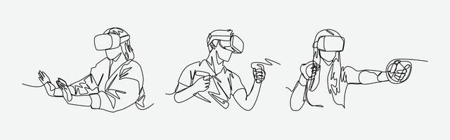 Set continuous line drawing of different people using vr headset. playing game, learning, watching with virtual reality. Editable line. Graphic illustration. vector