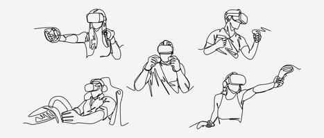 Set continuous line drawing of different people playing game using VR headset. Editable line. Graphic illustration. vector