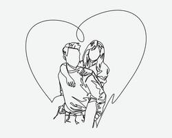 Continuous line drawing of two lovers. Man carrying on back woman with heart sign around her. Editable stroke. Graphic illustration. vector