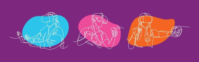 Set continuous line drawing with color of different people playing game using VR headset. Editable line. Graphic illustration. vector
