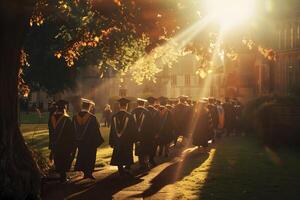 A group of graduates wearing caps and gowns is walking down to the university building photo