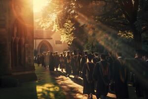 A group of graduates wearing caps and gowns is walking down to the main university building photo
